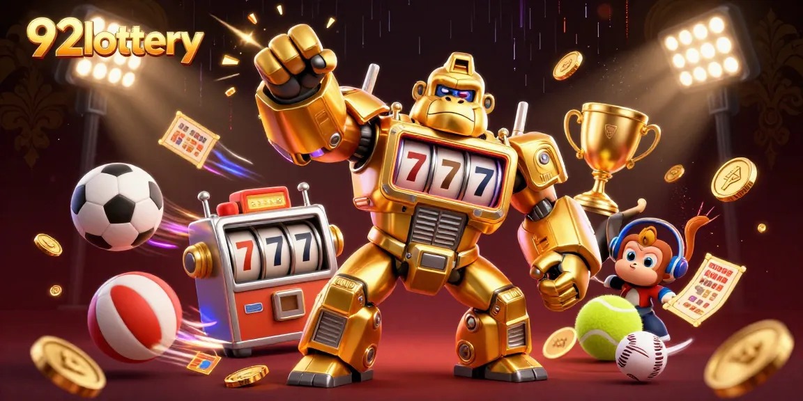 The 92lottery gorilla mech triumphantly punches through with coins, showcasing thrilling lottery action.