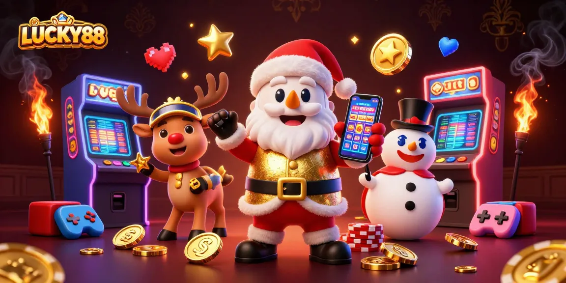 LUCKY88 showcases a vibrant casino scene with a cartoon Santa, reindeer, and snowman surrounded by glowing game elements.