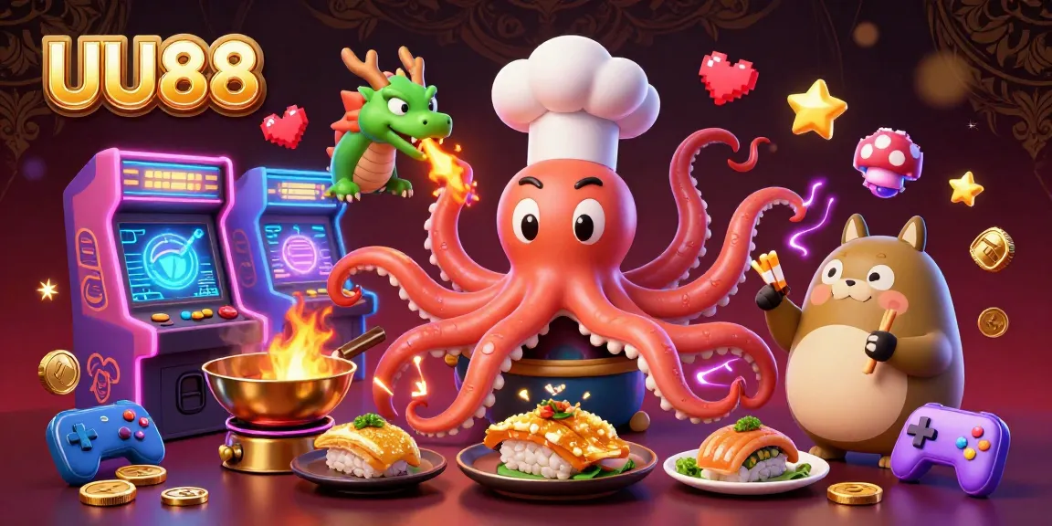 UU88 players enjoying vibrant, action-packed gameplay with a cartoon octopus, dragon, and tanuki in a colorful scene.