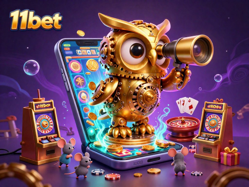 Explore the bustling casino scene with 11bet's whimsical golden owl watching over exciting games and joyful players.