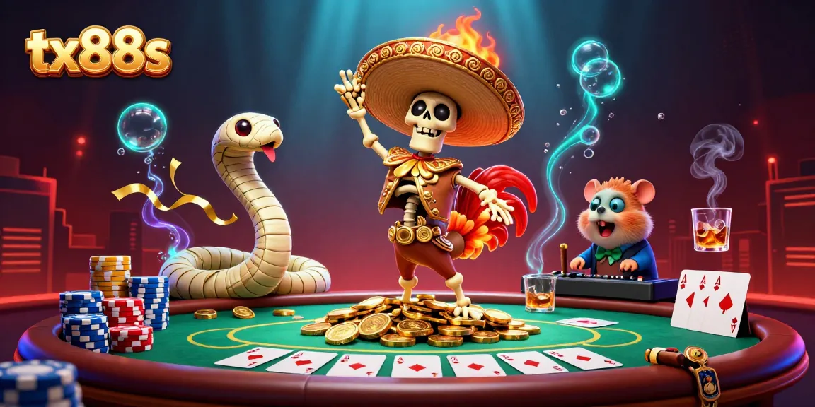 Join the victory dance with tx88s characters amidst dynamic poker action and vibrant casino fun.