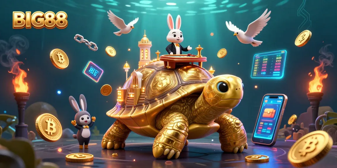 BIG88 showcases excitement with a vibrant casino scene featuring a golden tortoise and a rabbit dealer.