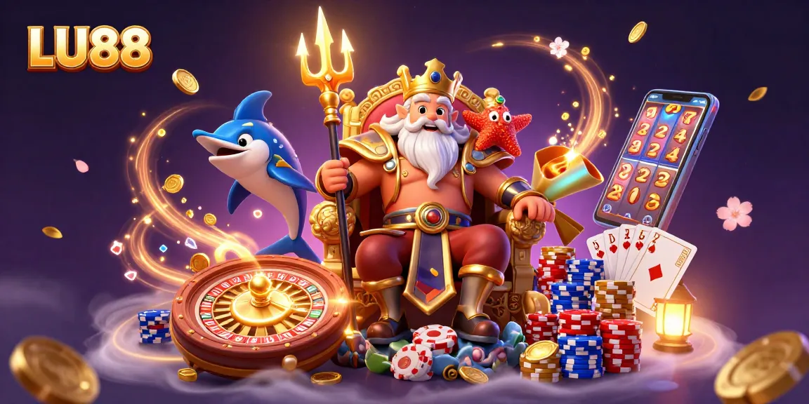 Play at LU88 with Neptune and friends amidst swirling gems and golden coins in a vibrant online casino scene.