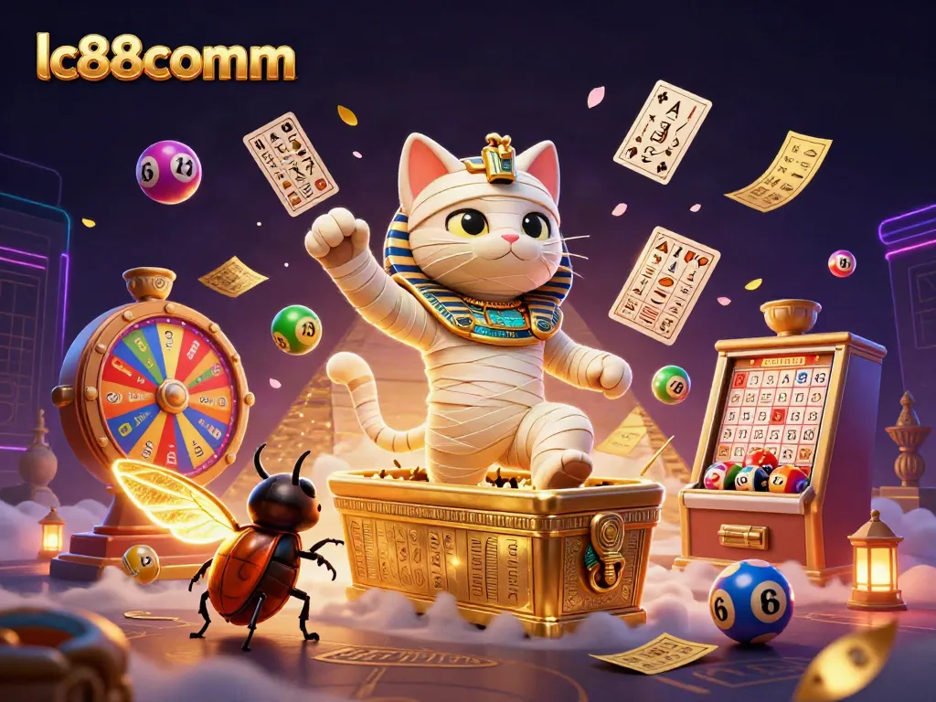 Engage in thrilling gameplay at lc88comm with a dynamic scene featuring an Egyptian mummy cat in a pyramid casino.