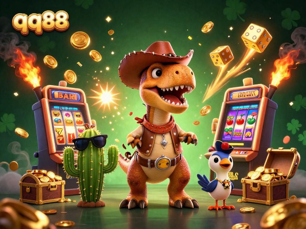 Engage in thrilling gameplay at qq88 with 3D cartoon cowboy dinosaur and casino-themed elements.