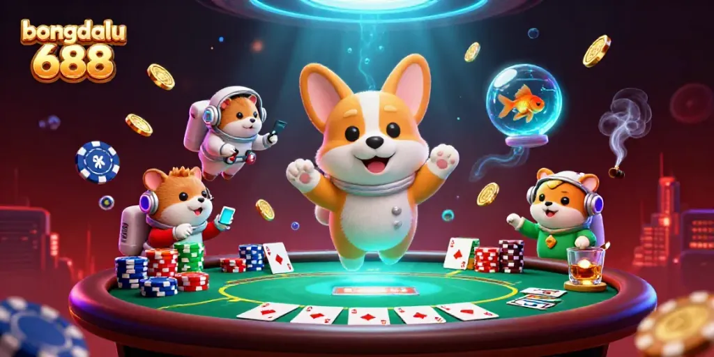 Experience bongdalu 688’s thrilling zero-gravity poker scene with vibrant characters and casino elements.