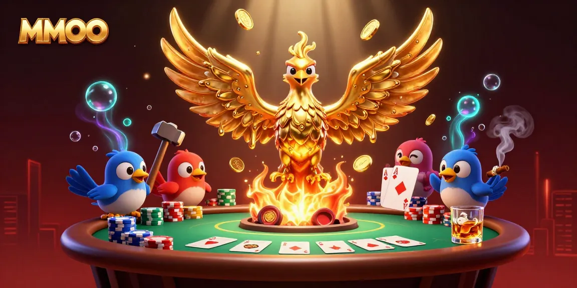 Bet on the MMOO poker table, featuring a molten gold phoenix and dynamic casino elements.
