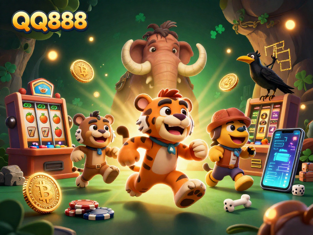 Join the casino adventure with QQ888 as a caveman and sabertooth tiger delight in thrilling gaming!