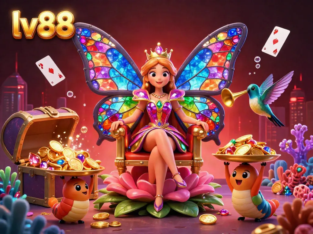 Experience the enchantment of lv88 with a vibrant illustration featuring a butterfly queen surrounded by chips and golden treasures.