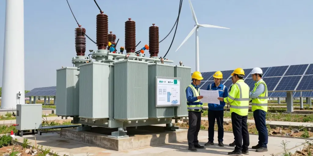 Conservator type transformer installatie met ingenieurs die samenwerken in een hernieuwbare energiecentrale.