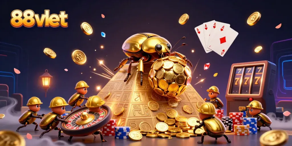 Experience the excitement of 88vbet with golden beetles and cascading coins in a vibrant casino-themed scene.