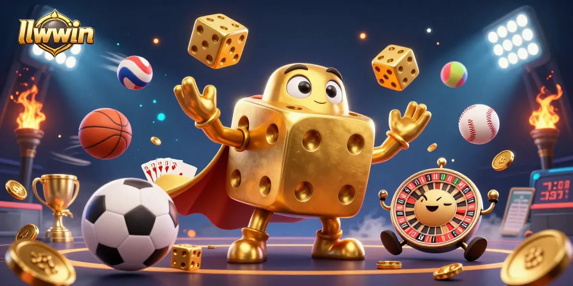 llwwin showcases a golden dice golem amidst dynamic sports elements and casino visuals.