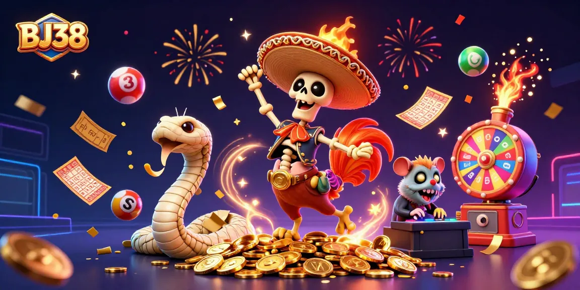 Experience the excitement of BJ38 with dynamic gaming elements and festive casino characters.