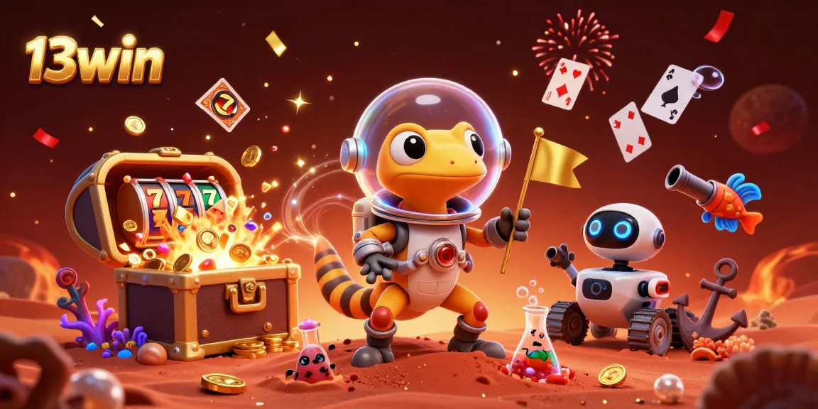 Win big at 13win with exciting casino adventures in a vibrant alien-themed illustration.