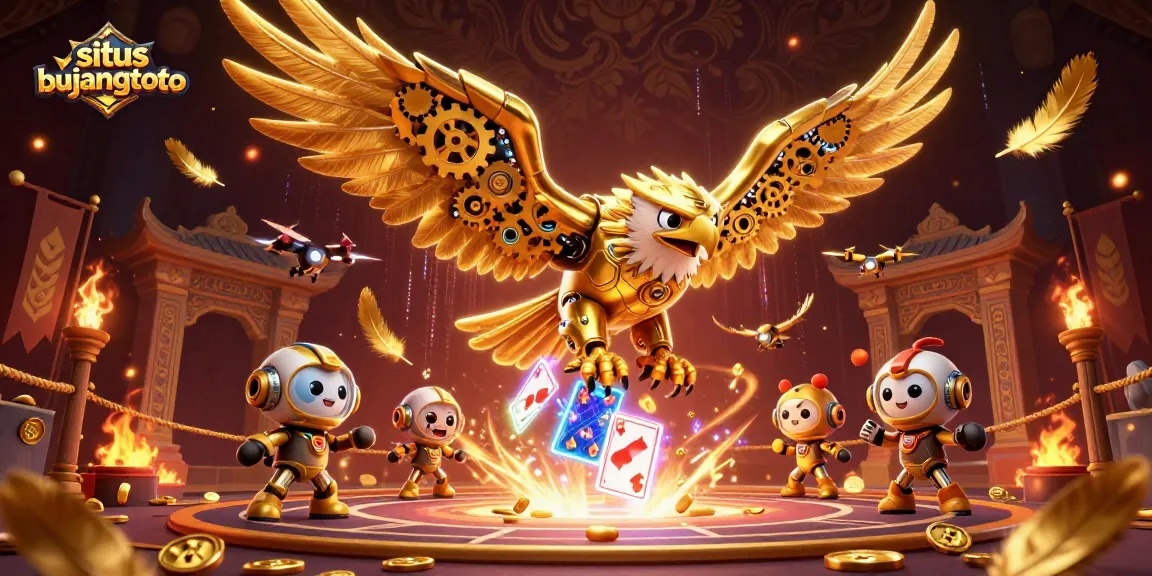 Experience situs bujangtoto with a dynamic 3D illustration of cybernetic eagle amidst playing cards and rich casino elements.
