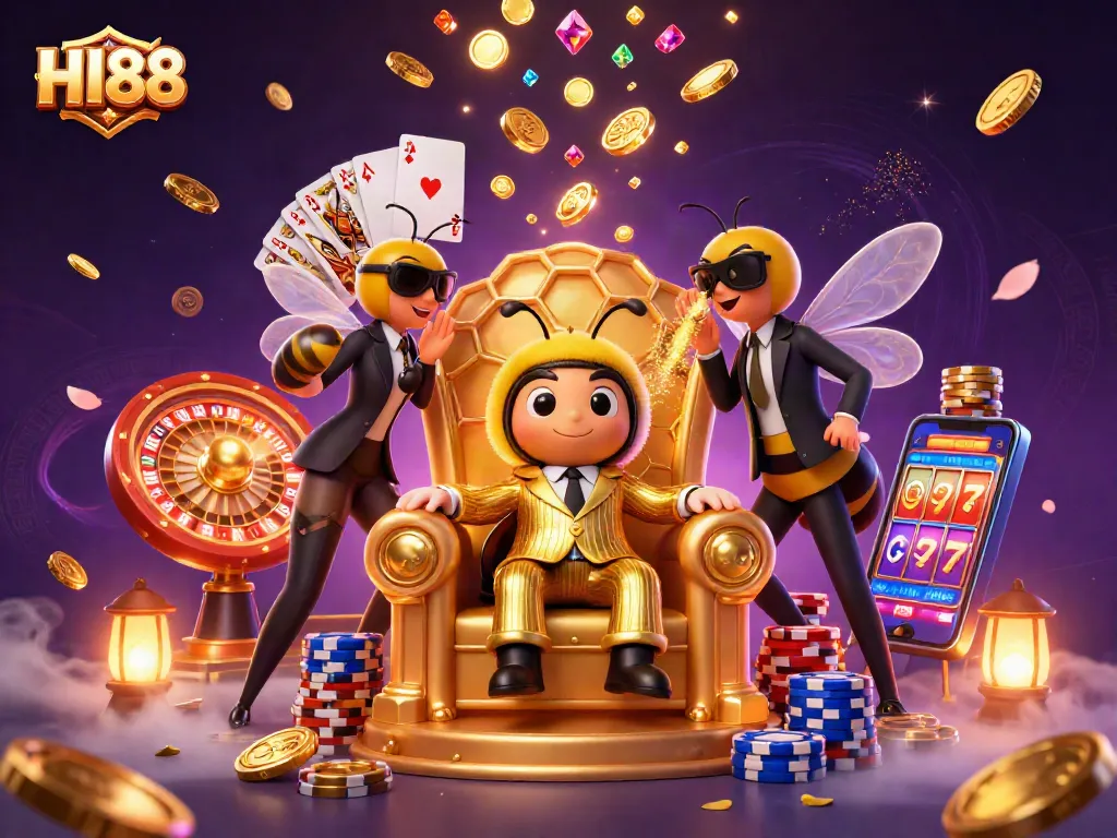Experience thrilling gameplay at HI88 with an impressive casino scene filled with vibrant characters and sparkling treasures.