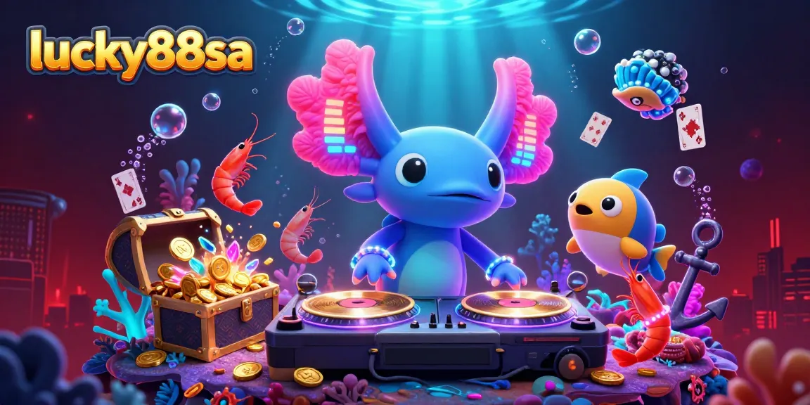 Engage with lucky88sa's vibrant casino scene featuring a neon axolotl DJ, vibrant sea creatures, and animated gaming elements.
