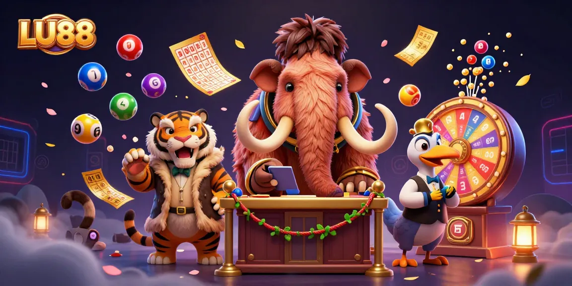Experience the excitement of LU88 with vibrant lottery balls and casino characters in a dynamic scene.