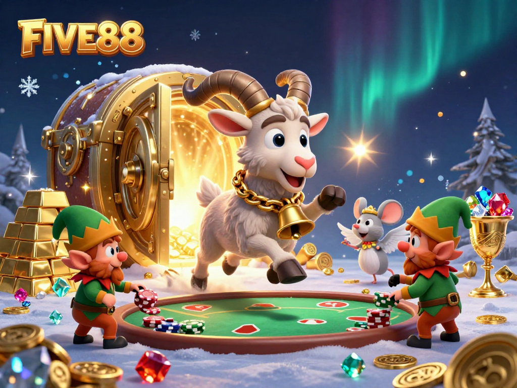 Experience the vibrant excitement of FIVE88 as gremlin elves steal poker chips in a festive casino atmosphere.