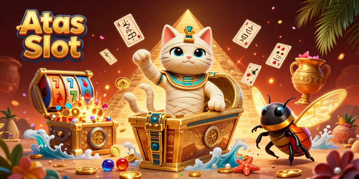 Spin the reels with Atas Slot in a vibrant, dynamic casino scene featuring lucky symbols and treasures.