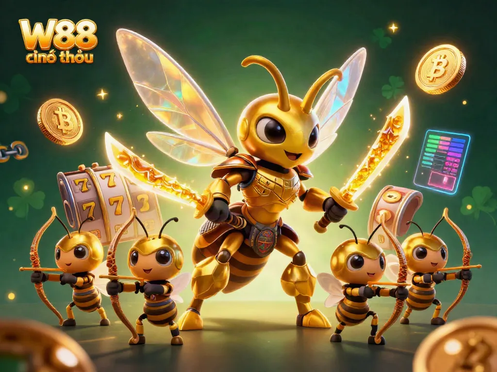 W88 chính thức showcases a dynamic slot gaming scene with a golden hornet and bee archers surrounded by golden lucky 7s and crypto coins.