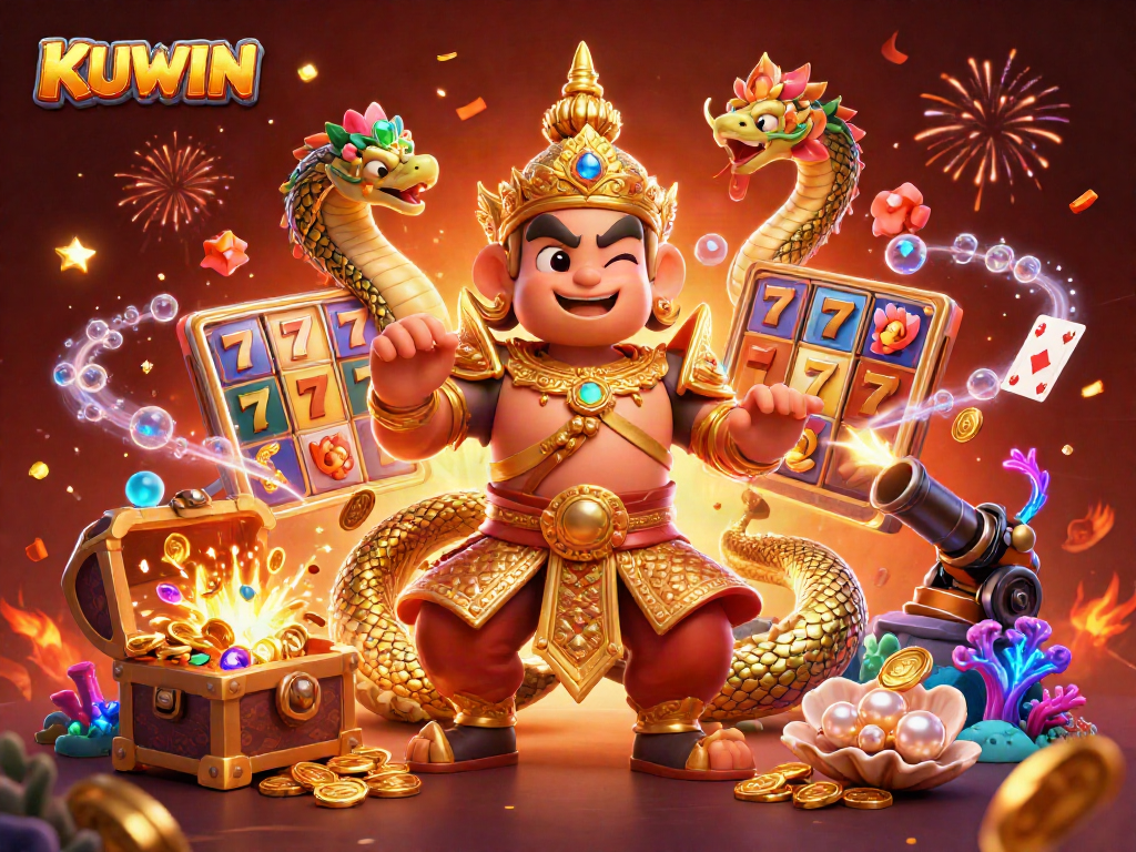 Engage with KUWIN’s thrilling slot games, illustrated by a vibrant 3D cartoon scene.