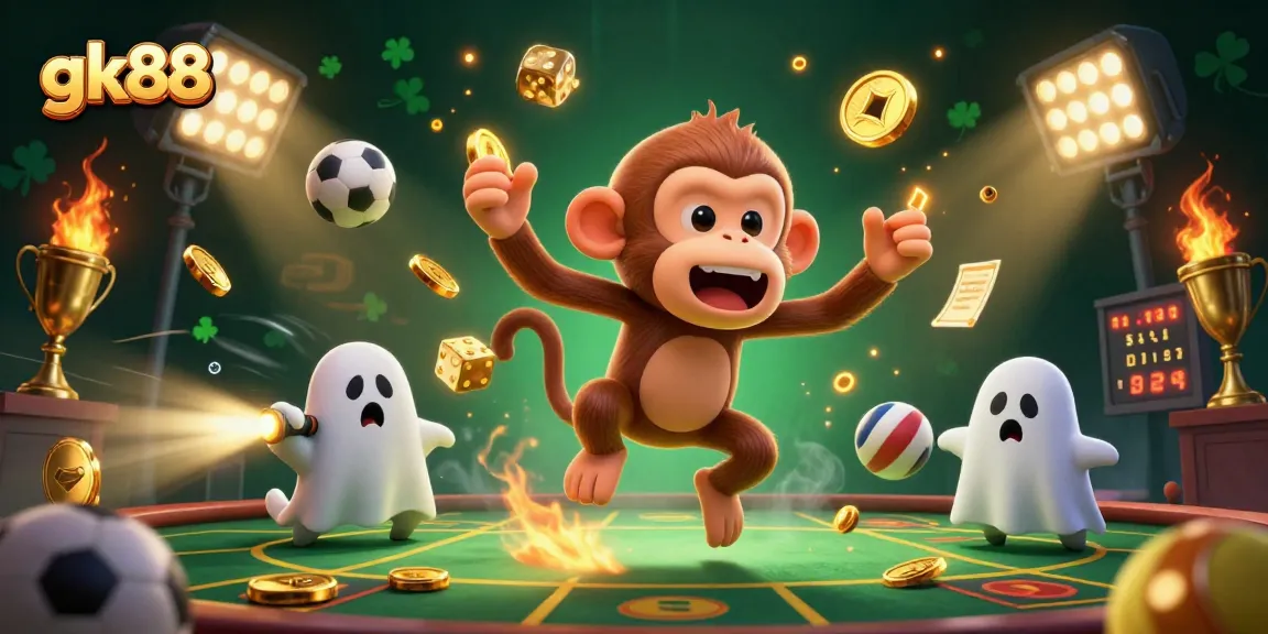 Experience thrilling wins at gk88 with an animated ghost monkey and ghost-hunter puppy in a dynamic casino scene.