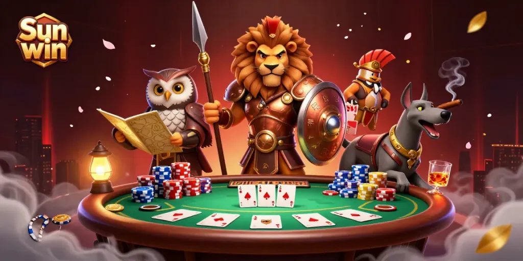 Engage with Sun win action as a Spartan lion strategizes gambling moves at a vibrant poker table.