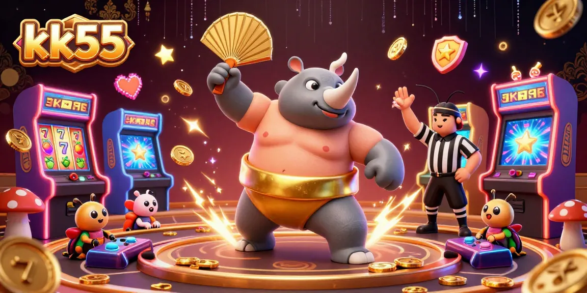 Experience the exciting kk55 casino scene with a sumo beetle champion stomping coins amidst vibrant game elements.