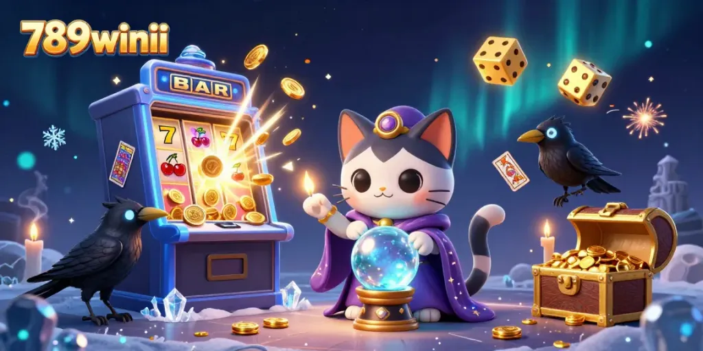 789winii showcases a vibrant scene of a fortune teller cat and mystical elements in a casino.