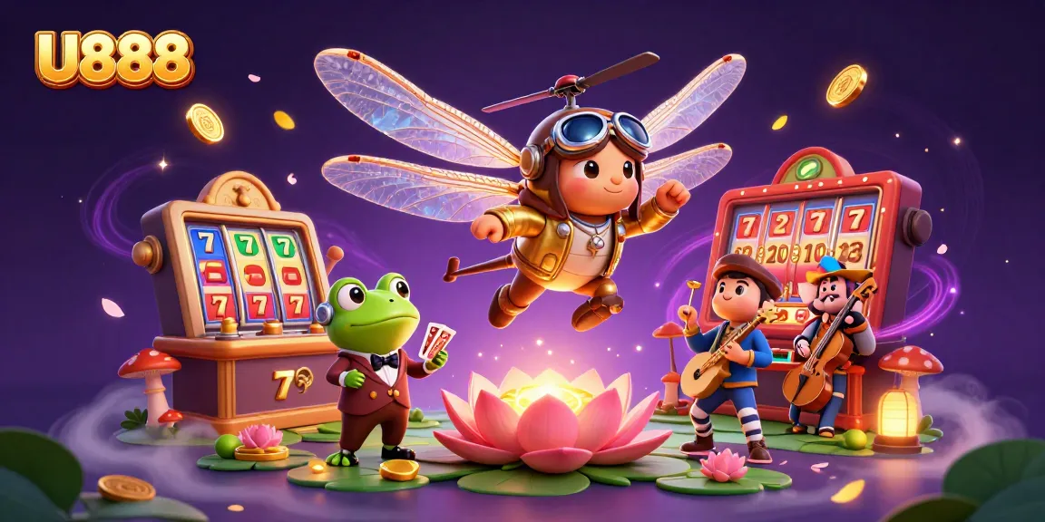 Engage with U888 at a vibrant online casino scene featuring dynamic dragonfly pilot and frog dealer.