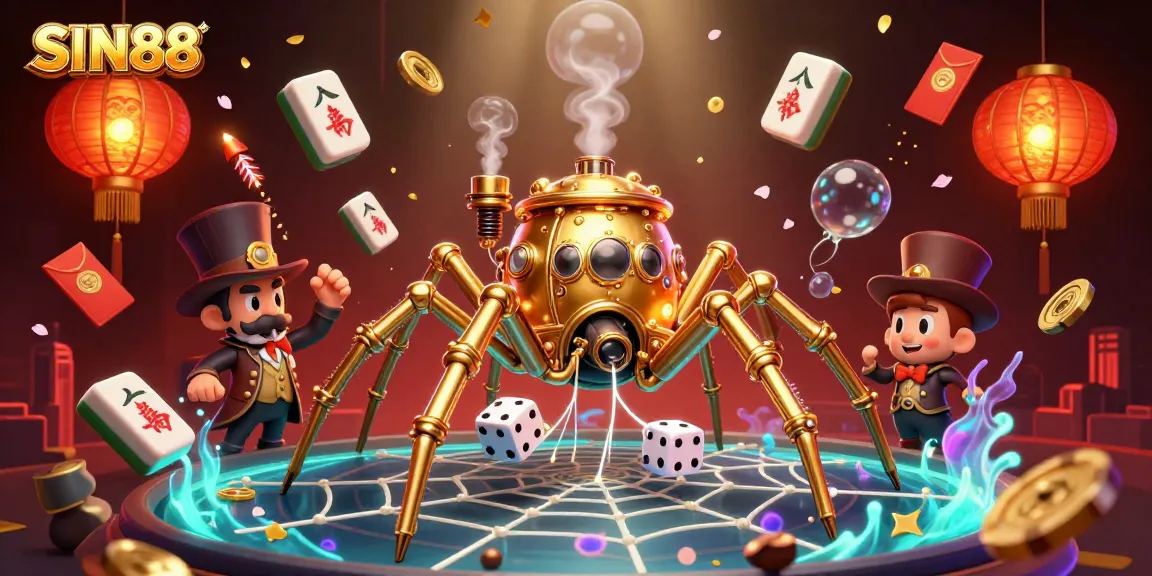 SIN88 showcases a vibrant 3D steampunk casino scene featuring lucky dice and glowing lanterns.