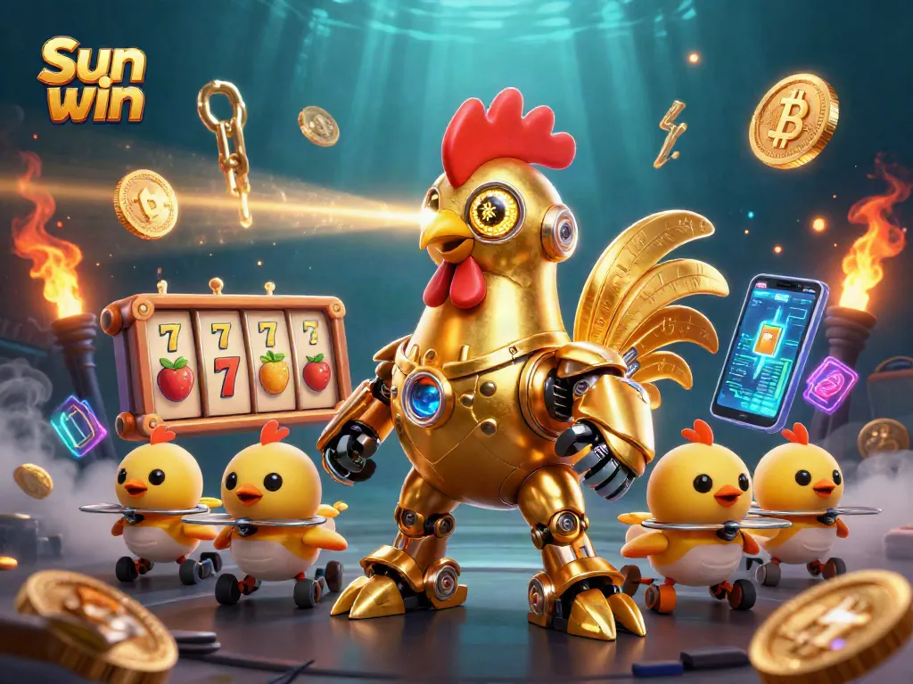 Engage with the thrilling Sun win casino experience featuring a dynamic golden rooster robot and slot reels.