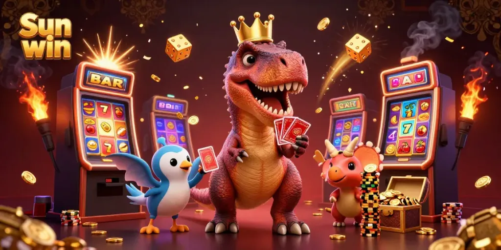 Engage in thrilling games at Sun win featuring a dynamic cartoon T-Rex, slot machines, and vibrant casino elements.