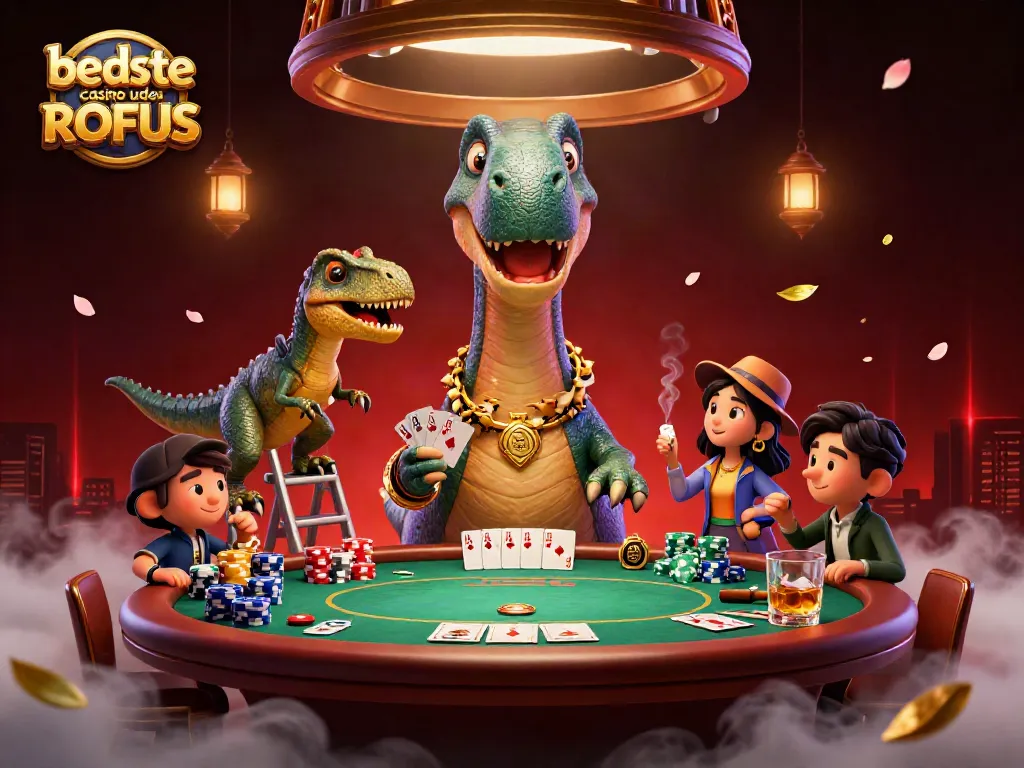 Representing the best experience at bedste casino uden ROFUS with a whimsical 3D illustration featuring a brontosaurus and raptor.