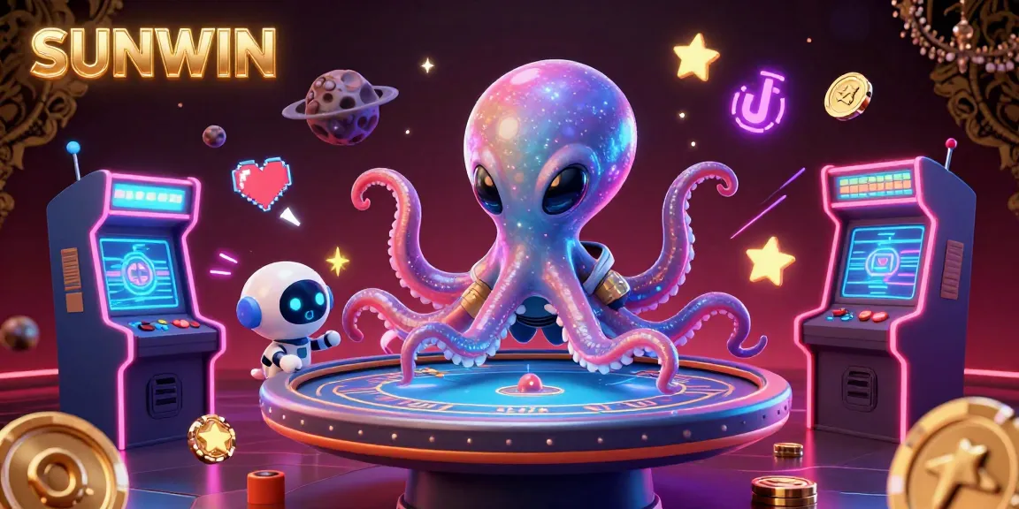 Play exciting casino games with SUNWIN at a vibrant 3D casino illustrated scene featuring an alien octopus.