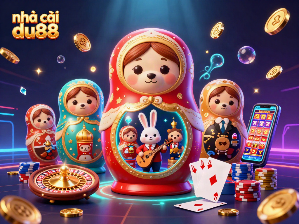 Play thrilling games at Nhà cái du88 with a vibrant 3D casino scene featuring animated casino characters.