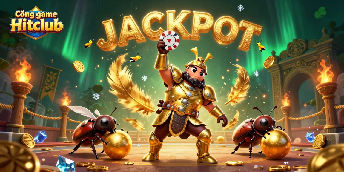 Cổng game Hitclub features a victorious beetle with poker chip amidst vibrant casino elements, showcasing exciting gameplay.