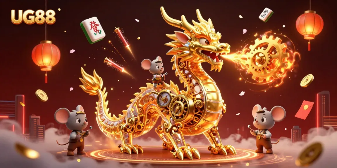 Experience the thrill of UG88 with a golden dragon surrounded by vibrant gambling elements.