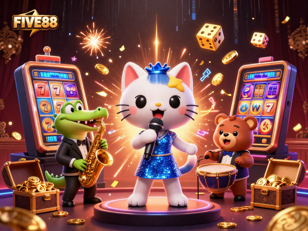 Experience wins at FIVE88 with a lively casino scene featuring a singing cat, jazzy crocodile, and playful bear.