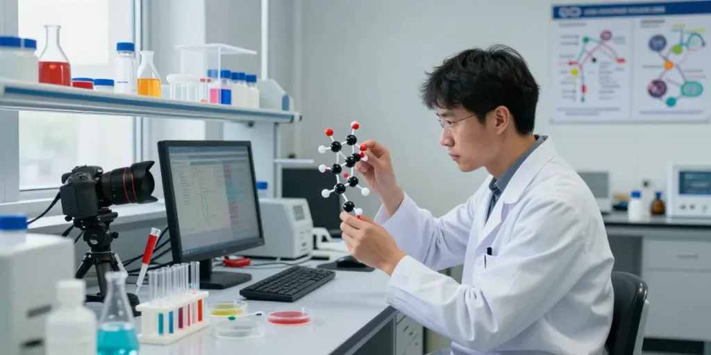 Researcher analyzing the H19 gene structure in a modern lab setting, showcasing advanced genetic exploration.