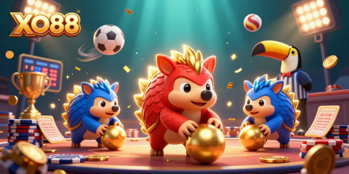 Engaging players at XO88, rival pangolins bowl through poker chips in this vibrant casino scene.