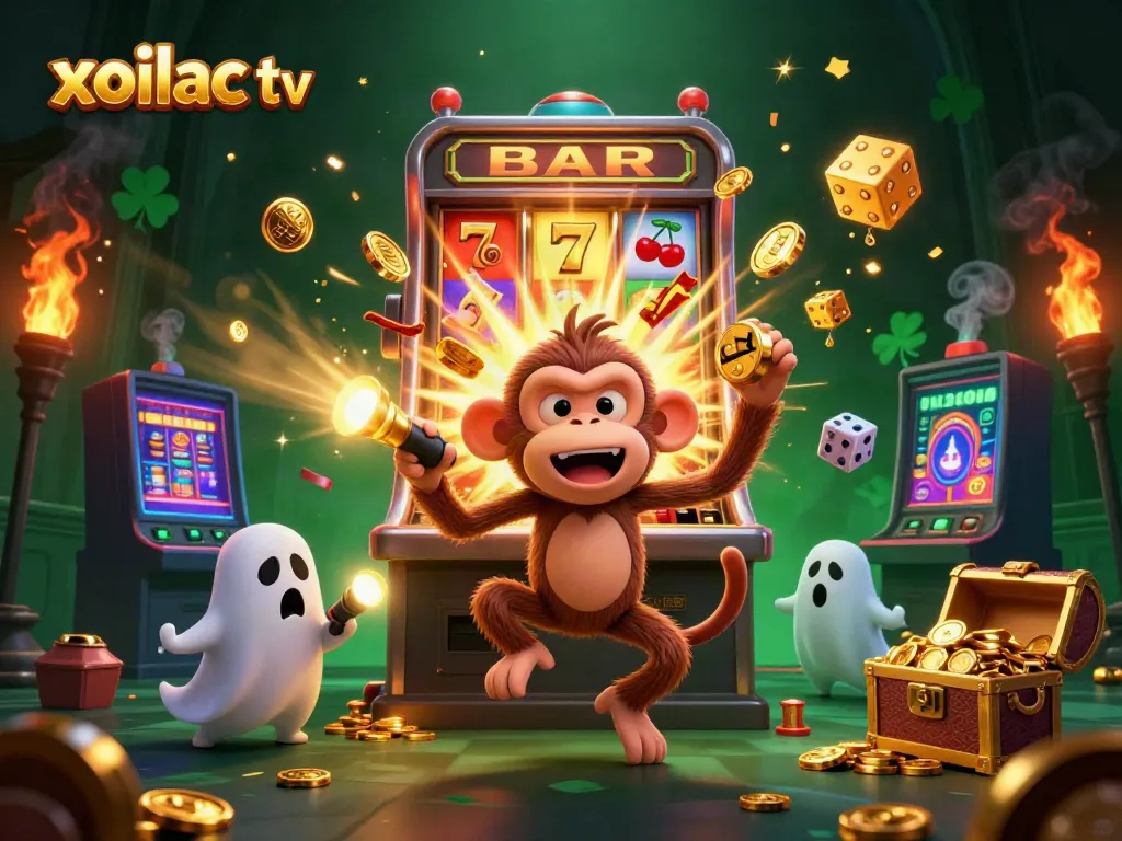 Engage with xoilac tv's thrilling casino vibes, featuring a playful ghost-hunter puppy and dynamic poltergeist monkey.