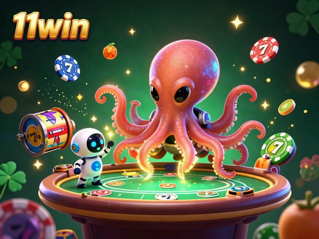 Transform your luck with 11win's alien octopus at a vibrant holographic poker table, surrounded by floating chips!