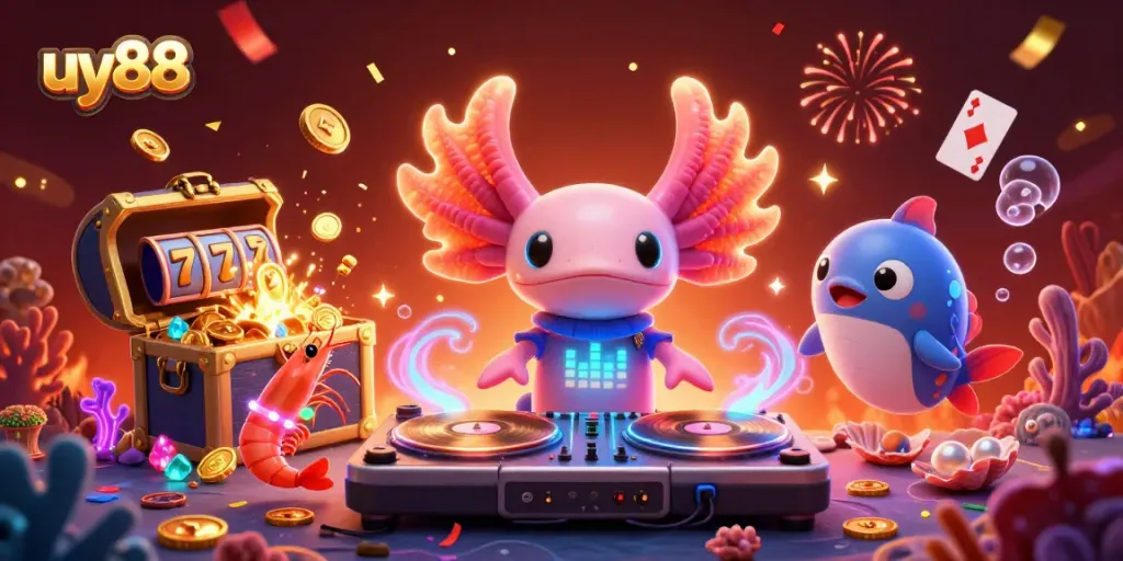 Spin to win big with uy88's vibrant casino-themed underwater illustration featuring animated characters.