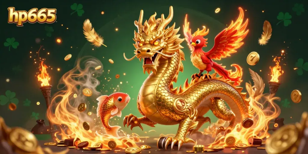 Experience thrilling gameplay with hp665 as a fierce dragon, phoenix, and koi fish unleash excitement in a casino.