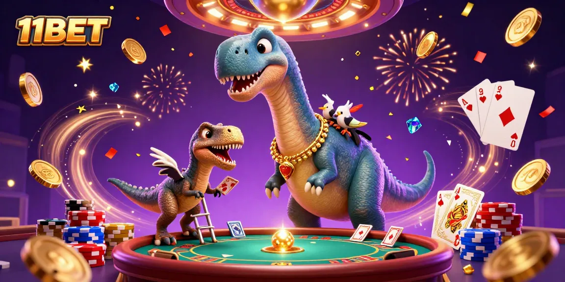 Experience the vibrant casino world of 11BET, where a whimsical brontosaurus brings excitement to gameplay.