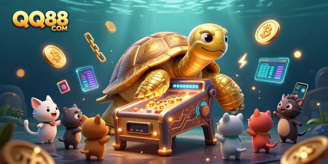Engage with QQ88 COM in a vibrant 3D casino scene featuring playful characters and digital currency elements.