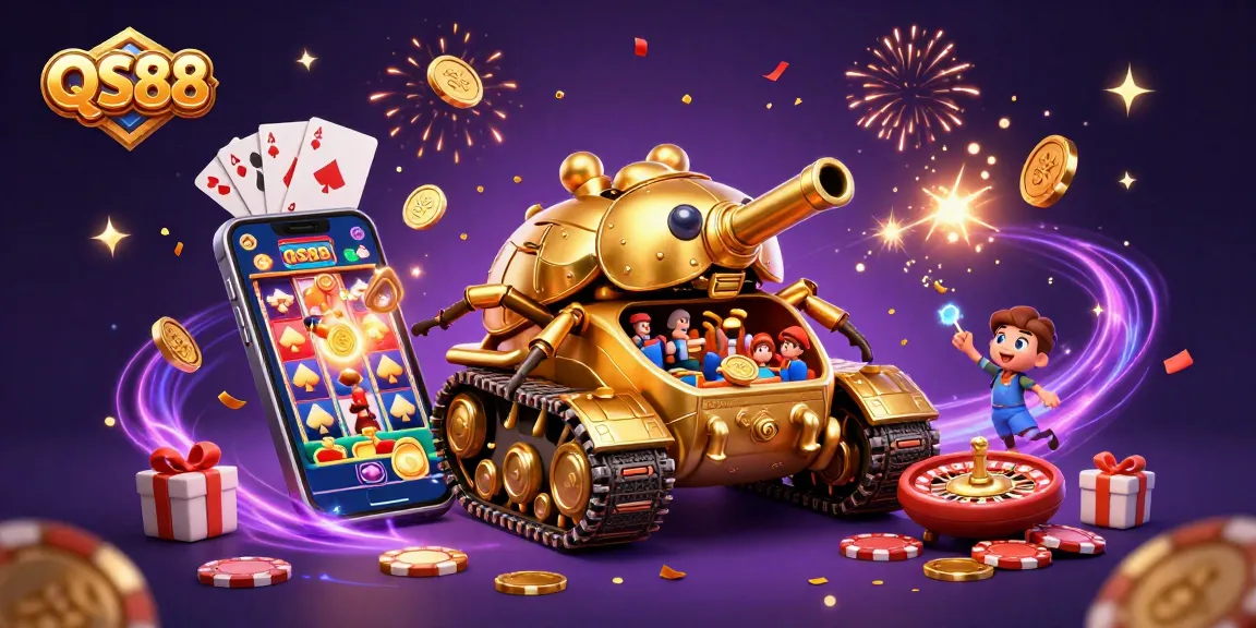 Experience the excitement of QS88 with a dynamic casino scene featuring a golden beetle tank and explosive game elements.