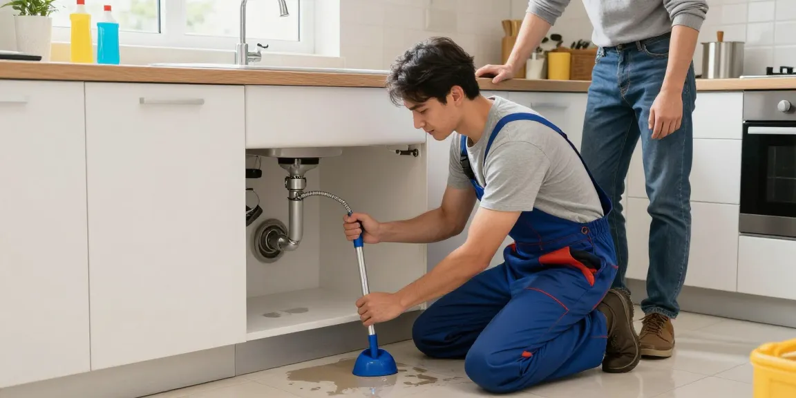 Afvoer verstopt in de keuken, loodgieter verhelpt probleem met professioneel gereedschap.